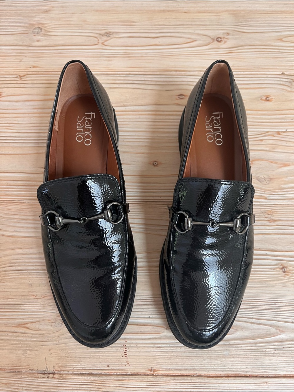 Franco Sarto Black Patent Horsebit Loafers Size 10 Lug Sole